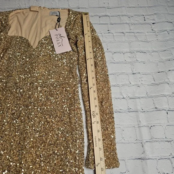 Oh Polly Sephina Gold Sequin Long Sleeve Mini Dress Sweetheart Neck Size 8 NEW - Picture 9 of 12